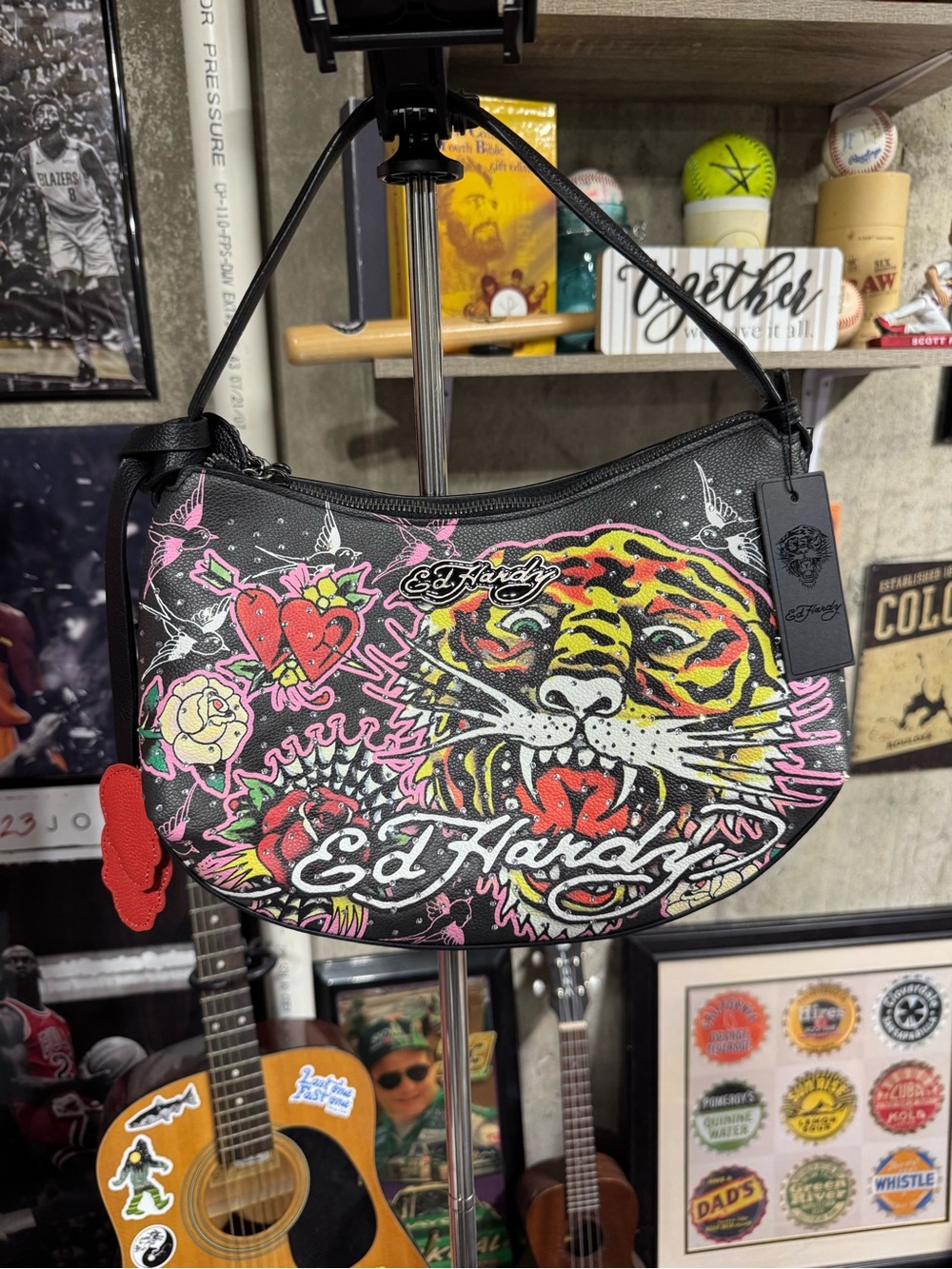 Ed Hardy Black Shoulder Bag with Multicolor Tiger Graphic